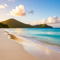 Caribbean Holidays, Antigua Nature Holidays, A quiet tropical beach in Antigua at sunrise, with clear turquoise water, soft sand and green hills in the distance