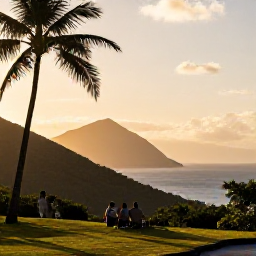 Caribbean Holidays, Antigua Nature Holidays, A relaxed evening nature scene in Antigua with golden light over hills and the sea, palms in silhouette and visitors enjoying a quiet viewpoint