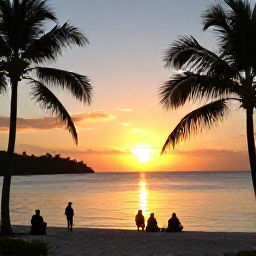 Caribbean Holidays, Antigua Nature Holidays, A relaxed January evening on an Antigua beach, with travellers watching the sunset beside calm Caribbean water and palm trees