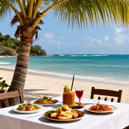 Caribbean Holidays, Antigua Nature Holidays, A relaxed outdoor lunch at an Antigua beach beside palm trees, with fresh local food and a view of the sea