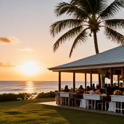 Caribbean Holidays, Antigua Nature Holidays, A relaxed outdoor restaurant near the Antiguan coast at sunset, with local food, palm trees and warm evening light