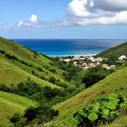Caribbean Holidays, Antigua Nature Holidays, A scenic view across Antigua&rsquo;s green hills and coastline, with a small traditional village and blue Caribbean sea in the distance