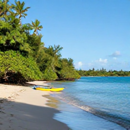 Caribbean Holidays, Antigua Nature Holidays, A secluded Antigua beach with mangroves, calm blue water and a small kayak near the shoreline in warm November sunshine