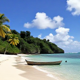 Caribbean Holidays, Antigua Nature Holidays, A secluded Antiguan cove with a small wooden boat, palm trees and dramatic green coastline under a sunny sky