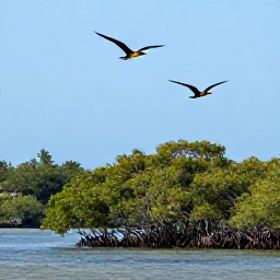 Caribbean Holidays, Antigua Nature Holidays, Colourful frigate birds and other seabirds flying above mangrove lagoons on Barbuda