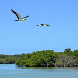 Caribbean Holidays, Antigua Nature Holidays, Frigate birds and other seabirds flying above a mangrove lagoon on Antigua