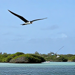 Caribbean Holidays, Antigua Nature Holidays, Frigate birds flying above mangroves and calm wetlands at Codrington Lagoon in Barbuda, with a small boat in the distance