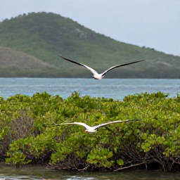 Caribbean Holidays, Antigua Nature Holidays, Frigate birds soaring above the mangroves and wetlands of Antigua, with green hills and calm blue water in the background