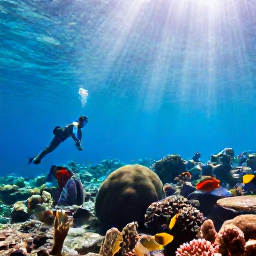 Caribbean Holidays, Antigua Nature Holidays, Snorkellers exploring a clear coral reef off Antigua, with colourful fish, sea fans and sunlight shining through the water