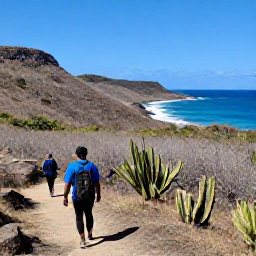 Caribbean Holidays, Antigua Nature Holidays, Visitors hiking through dry tropical woodland on Antigua towards a coastal viewpoint, with rocky hills, cacti and bright Caribbean sea