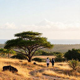 Caribbean Holidays, Antigua Nature Holidays, Visitors walking through Antigua's dry tropical countryside near a hillside, with native trees, distant sea views and warm morning light