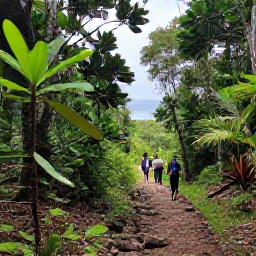 Caribbean Holidays, Antigua Nature Holidays, Visitors walking through lush Antigua woodland on a marked trail, with tropical plants, rocks and distant sea views