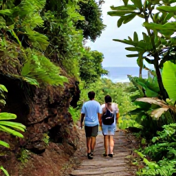 Caribbean Holidays, Antigua Nature Holidays, Visitors walking through lush Antigua woodland on a marked trail, with tropical plants, rocky slopes and views towards the coast