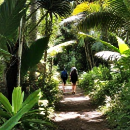 Caribbean Holidays, Antigua Nature Holidays, Visitors walking through lush Antigua woodland on a nature trail with palms, tropical plants and filtered sunlight