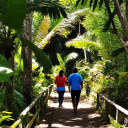 Caribbean Holidays, Antigua Nature Holidays, Visitors walking through lush tropical woodland on Antigua along a scenic nature trail with sunlight filtering through the trees