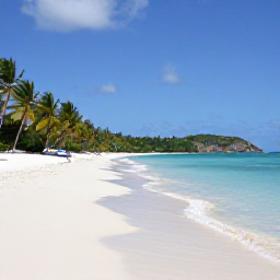 Caribbean Holidays, Antigua Nature Holidays, White sandy beach beside calm turquoise sea with palm trees and low green hills on Antigua