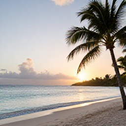 Caribbean Holidays, Antigua November, Golden Antigua beach at sunset with calm turquoise water, palm trees and a relaxed November holiday atmosphere