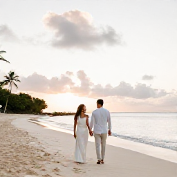 Caribbean Holidays, Antigua November Weddings, A newlywed couple walking hand in hand along a quiet white-sand beach in Antigua at sunset