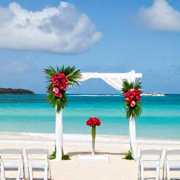 Caribbean Holidays, Antigua November Weddings, Elegant beach wedding ceremony in Antigua with white chairs, tropical flowers and turquoise sea