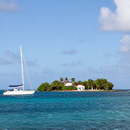 Caribbean Holidays, Antigua November Weddings, Newlyweds sailing on calm turquoise water near Antigua with a small island and palm trees in the background