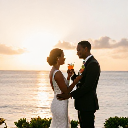 Caribbean Holidays, Antigua November Weddings, Wedding couple enjoying a sunset cocktail reception beside the sea in Antigua