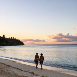Caribbean Holidays, Antigua October, Couple walking along a secluded Antiguan beach at sunset in October, calm Caribbean water and soft golden light