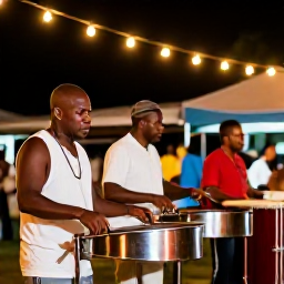Caribbean Holidays, Antigua October Festivals, Antiguan musicians playing steel pan and drums at a lively evening cultural event under warm lights