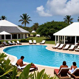 Caribbean Holidays, Antigua October Holidays, An attractive all-inclusive resort in Antigua with a swimming pool, sun loungers, tropical gardens and guests enjoying a relaxed holiday