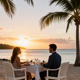 Caribbean Holidays, Antigua October Holidays, Couple enjoying a relaxed sunset dinner beside the sea at an Antigua all-inclusive resort, with warm evening light and palm trees