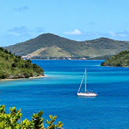 Caribbean Holidays, Antigua October, Sailing boat passing Antigua coastline in October, clear blue Caribbean sea, green hills and hidden coves