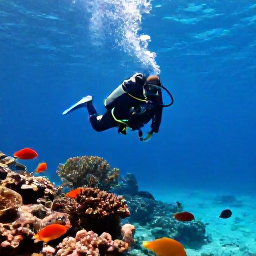 Caribbean Holidays, Antigua Scuba Diving, A diver descending over a clear Caribbean reef beside Antigua, with bright tropical fish and sunlight filtering through calm blue water