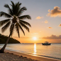 Caribbean Holidays, Antigua Scuba Diving, A peaceful Antigua beach at sunset with calm sea, palm trees and a small dive boat returning from the reef