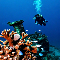 Caribbean Holidays, Antigua Scuba Diving, A scuba diver visiting a historic shipwreck on the seabed near Antigua, with coral growth and schools of fish around the wreck