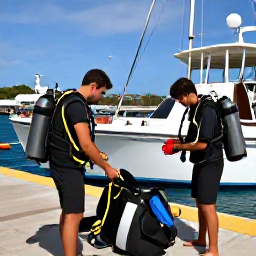 Caribbean Holidays, Antigua Scuba Diving, Friendly scuba divers preparing equipment beside a boat at an Antigua marina on a sunny day
