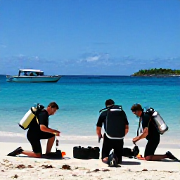 Caribbean Holidays, Antigua Scuba Diving, Friendly scuba divers preparing equipment on a sunny Antigua beach beside a dive boat and calm turquoise sea