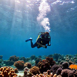 Caribbean Holidays, Antigua Scuba Diving, Scuba diver exploring a colourful coral reef in clear turquoise water off Antigua, Caribbean sunlight filtering from above