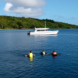 Caribbean Holidays, Antigua Scuba Diving, Small dive boat travelling across calm blue sea near Antigua's green coastline, divers preparing for a reef excursion