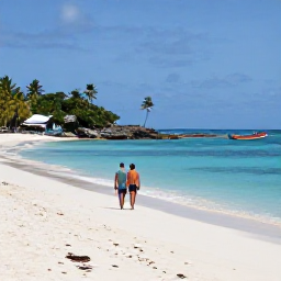 Caribbean Holidays, Antigua September Holidays, A couple walking along the soft white sand at Pigeon Point Beach in Antigua, with calm sea, palm trees and colourful fishing boats
