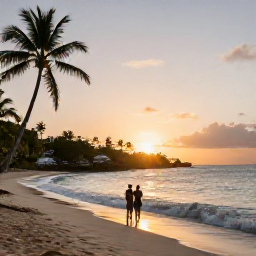 Caribbean Holidays, Antigua September Holidays, A peaceful sunset over an Antigua beach, with gentle waves, palm silhouettes and a couple enjoying an all-inclusive Caribbean holiday