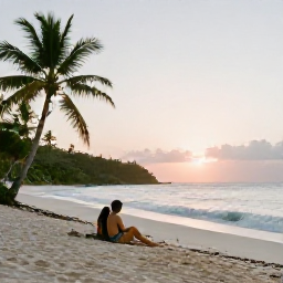 Caribbean Holidays, Antigua September Holidays, Couple relaxing on a secluded white-sand beach in Antigua at sunset, with gentle waves, palm trees and a quiet romantic atmosphere