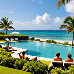 Caribbean Holidays, Antigua September Holidays, Guests relaxing beside an infinity pool at an Antigua all-inclusive resort, with ocean views, tropical gardens and a bright September sky