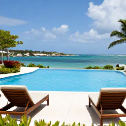 Caribbean Holidays, Antigua September Holidays, Peaceful adults-only Antigua resort pool with two sun loungers, tropical planting and a calm Caribbean sea in the background