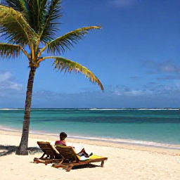 Caribbean Holidays, Antigua Solo Holidays, A calm Antigua beach with turquoise water, sun loungers and a lone traveller reading under a palm tree
