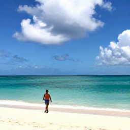 Caribbean Holidays, Antigua Solo Holidays, A peaceful Antigua beach in August with a solo visitor walking beside turquoise water beneath scattered tropical clouds