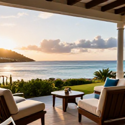 Caribbean Holidays, Antigua Solo Holidays, A peaceful Antigua resort terrace overlooking the Caribbean Sea at golden hour