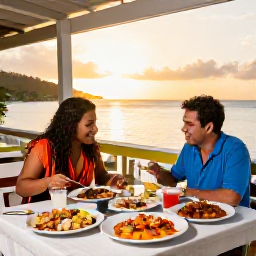 Caribbean Holidays, Antigua Solo Holidays, A solo diner enjoying fresh Caribbean seafood at an outdoor restaurant in Antigua at sunset