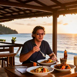 Caribbean Holidays, Antigua Solo Holidays, A solo traveller dining at a friendly open-air restaurant in Antigua, Caribbean dishes, seafood and sunset light