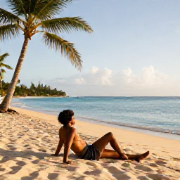 Caribbean Holidays, Antigua Solo Holidays, A solo traveller relaxing on a bright sandy beach in Antigua, calm turquoise sea, palm trees and warm August sunshine