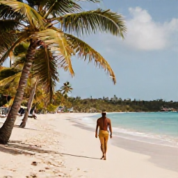 Caribbean Holidays, Antigua Solo Holidays, A solo traveller walking along a quiet palm-fringed beach in Antigua in warm October sunshine