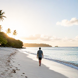 Caribbean Holidays, Antigua Solo Holidays, A solo traveller walking along a quiet white-sand beach in Antigua at sunrise, calm turquoise sea and palm trees